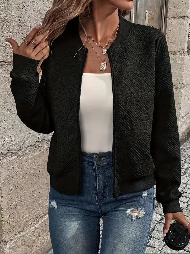LAURA | Women’s Textured Zip-Front Cardigan With Ribbed Hem And Long Sleeves