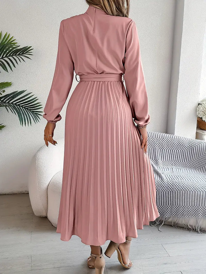 EMILY | Women’s Long-Sleeve Pleated Midi Dress With Defined Waist Belt