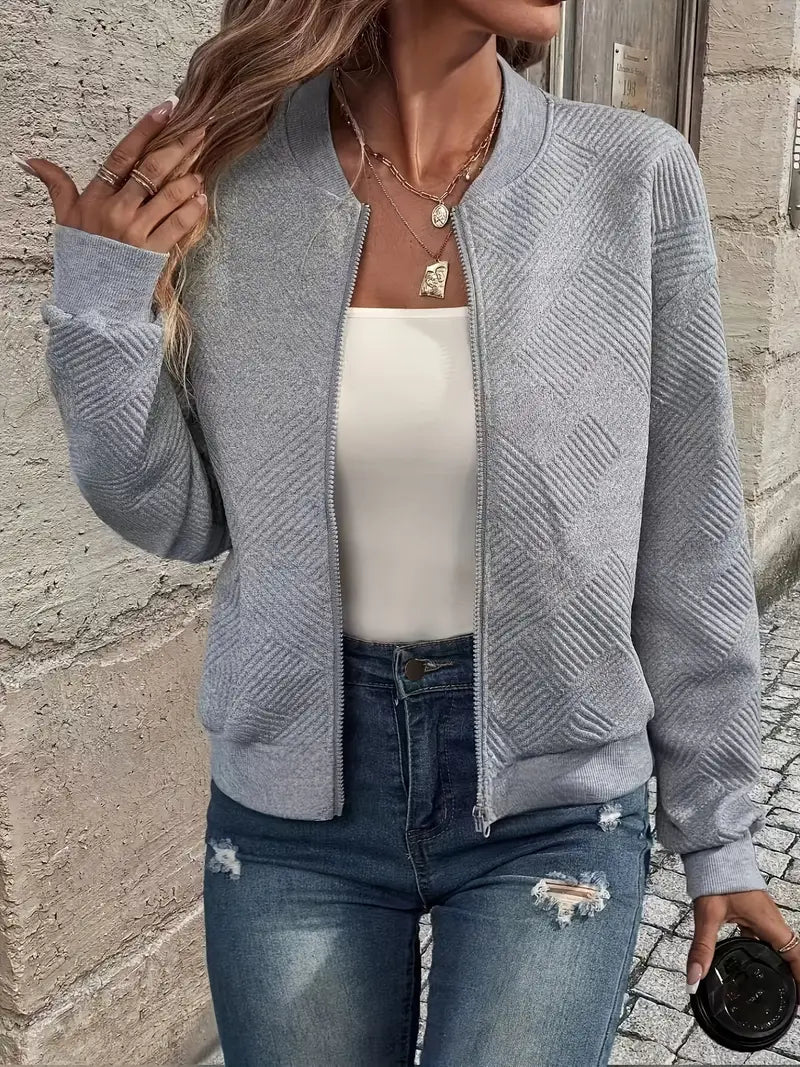 LAURA | Women’s Textured Zip-Front Cardigan With Ribbed Hem And Long Sleeves
