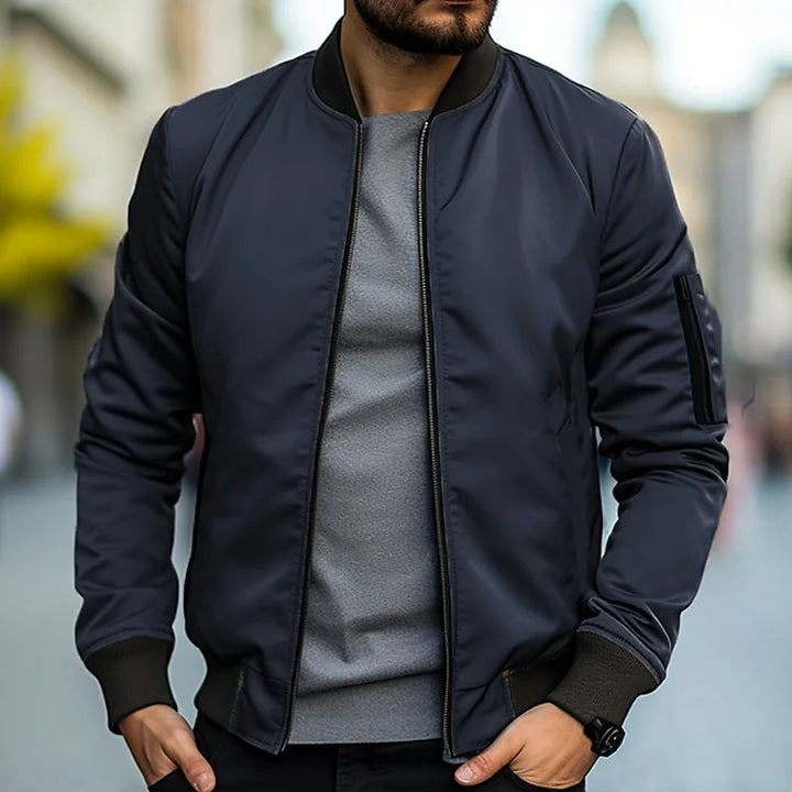 Liam | Ribbed-Trim Bomber Jacket With Zippered Sleeve Pocket For Men