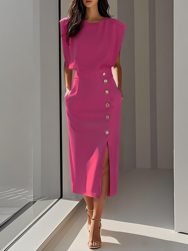 Cordelia | Elegant Sleeveless Side-Button Midi Dress For Women
