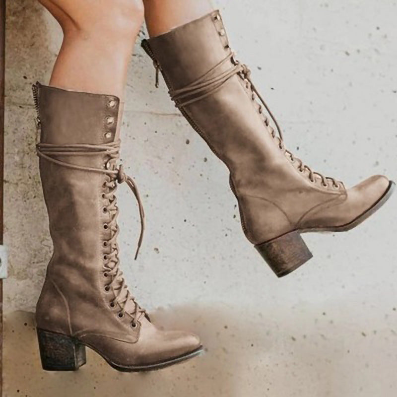 Zara | Lace-Up Knee-High Women’s Boots With Block Heel