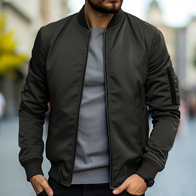 Liam | Ribbed-Trim Bomber Jacket With Zippered Sleeve Pocket For Men