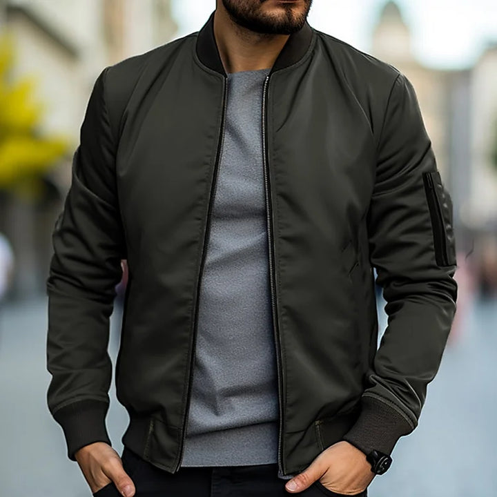 Liam | Ribbed-Trim Bomber Jacket With Zippered Sleeve Pocket For Men