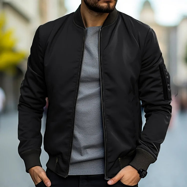 Liam | Ribbed-Trim Bomber Jacket With Zippered Sleeve Pocket For Men
