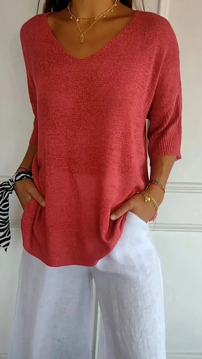 Keira | Women’s V-Neck Knitted Top with 3/4 Sleeves