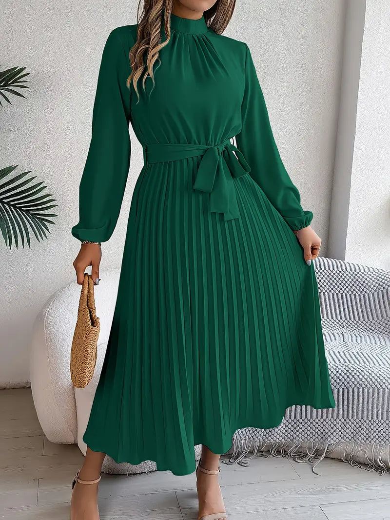 EMILY | Women’s Long-Sleeve Pleated Midi Dress With Defined Waist Belt
