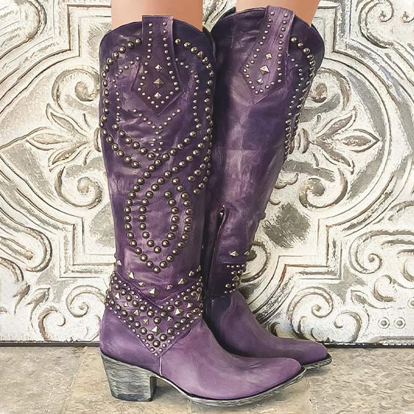 Raven | Western-Inspired Studded Leather Boots with Bold Block Heel for Women