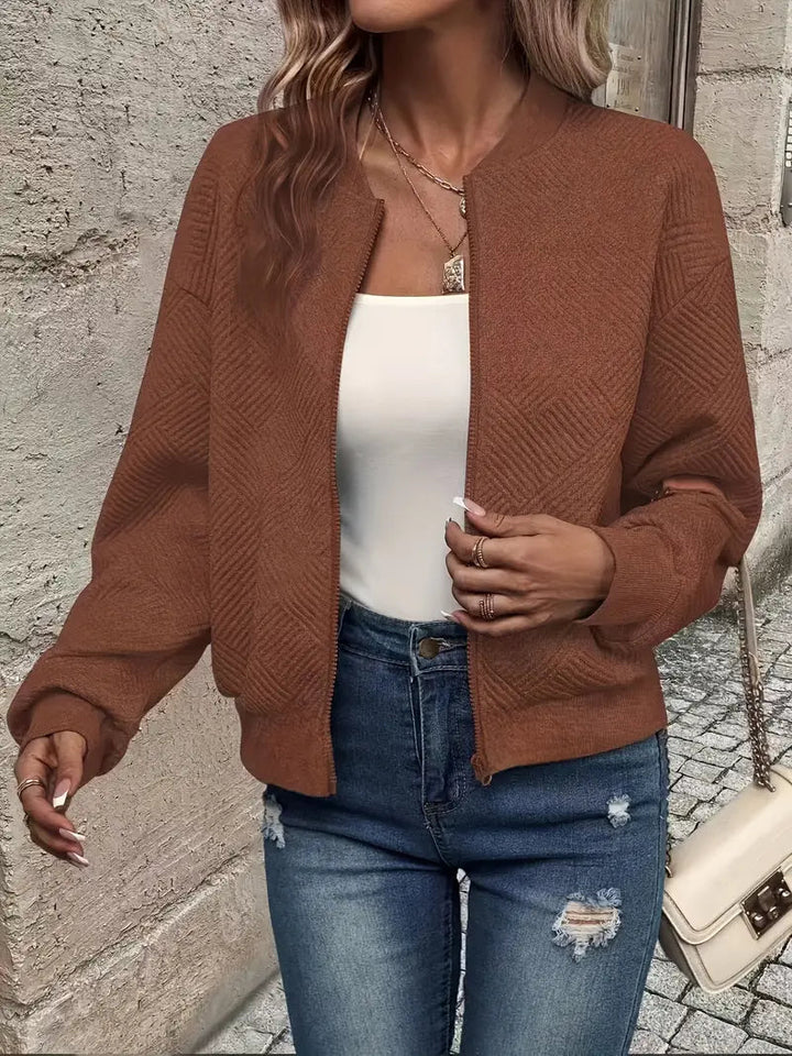LAURA | Women’s Textured Zip-Front Cardigan With Ribbed Hem And Long Sleeves