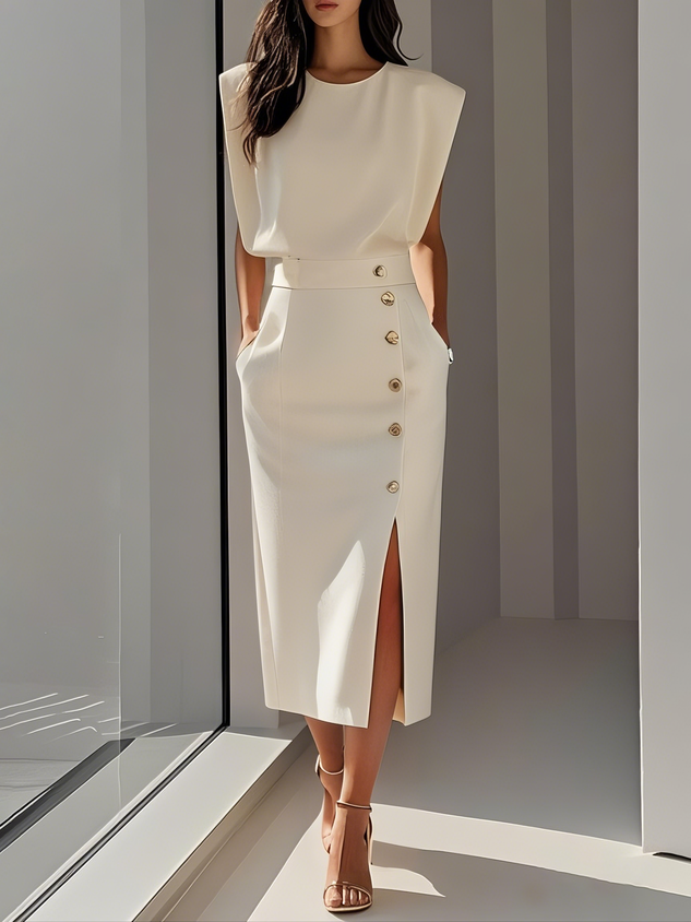Cordelia | Elegant Sleeveless Side-Button Midi Dress For Women