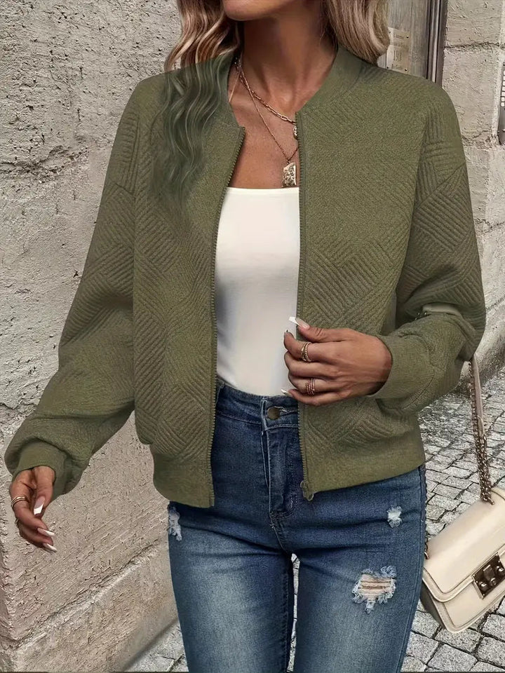LAURA | Women’s Textured Zip-Front Cardigan With Ribbed Hem And Long Sleeves