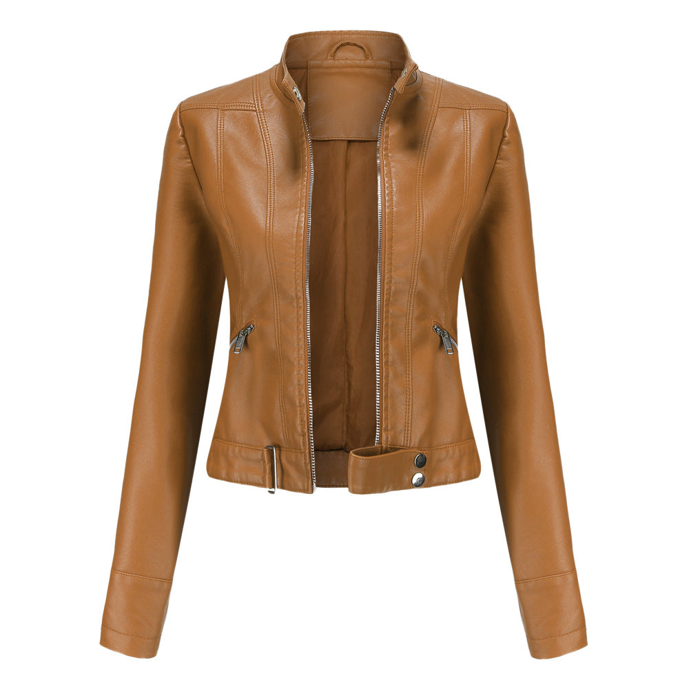 NATALIE | Women’s Structured Leather Jacket With High Collar, Zip Front And Adjustable Belt
