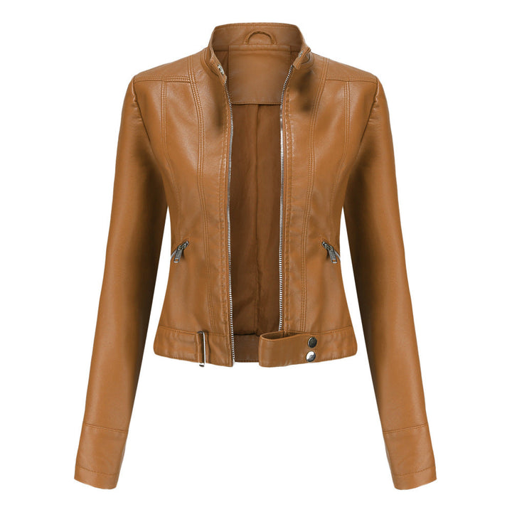 NATALIE | Women’s Structured Leather Jacket With High Collar, Zip Front And Adjustable Belt