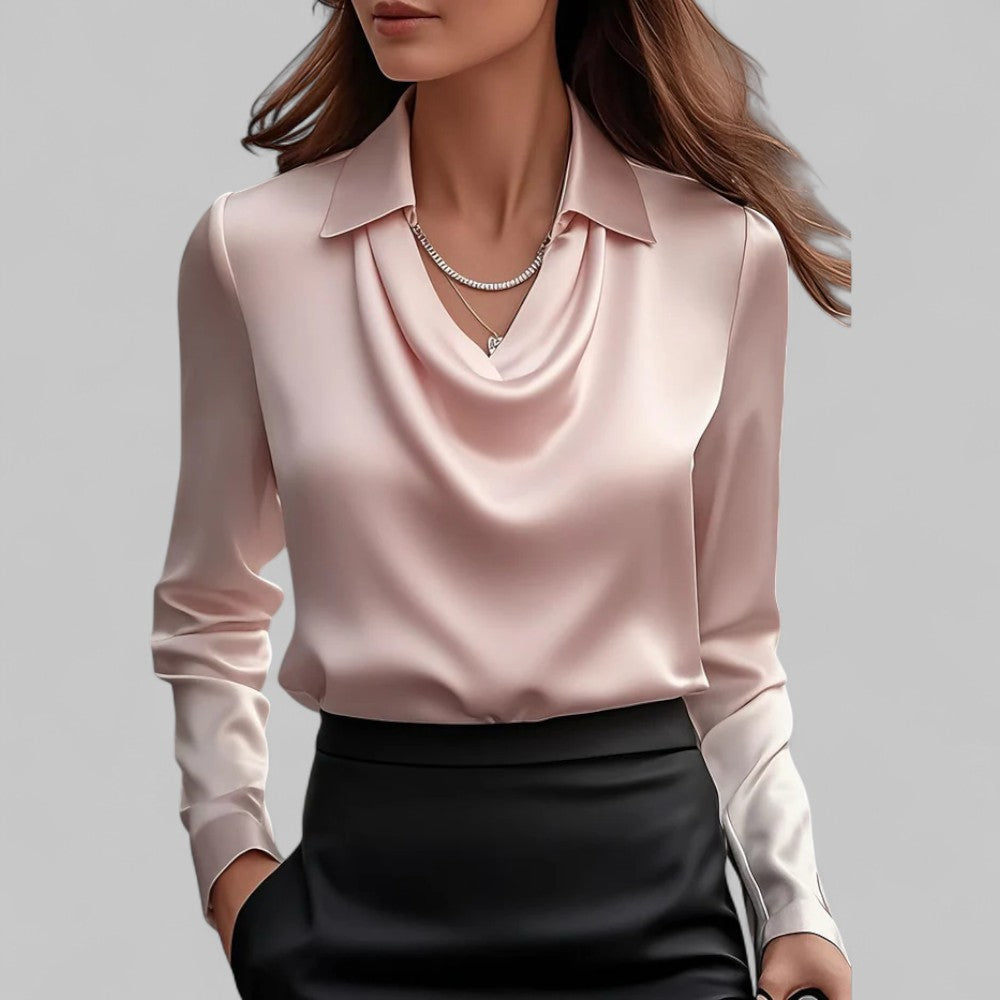 Lily | Elegant Satin Long-Sleeve Blouse With Soft Draped Neckline
