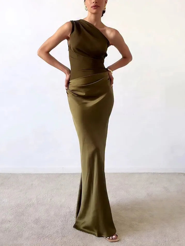 Anita | Elegant One-Shoulder Pleated Party Maxi Dress For Women