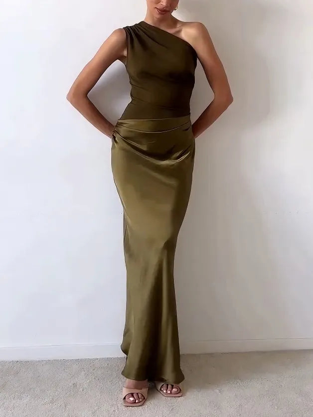 Anita | Elegant One-Shoulder Pleated Party Maxi Dress For Women