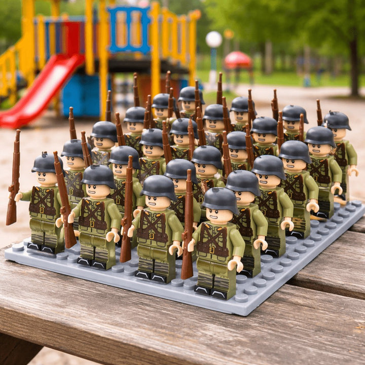 Squad of military minifigures with rifles arranged on a base plate - product photo 1