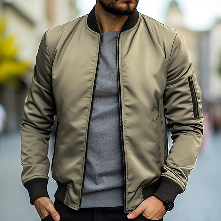 Liam | Ribbed-Trim Bomber Jacket With Zippered Sleeve Pocket For Men
