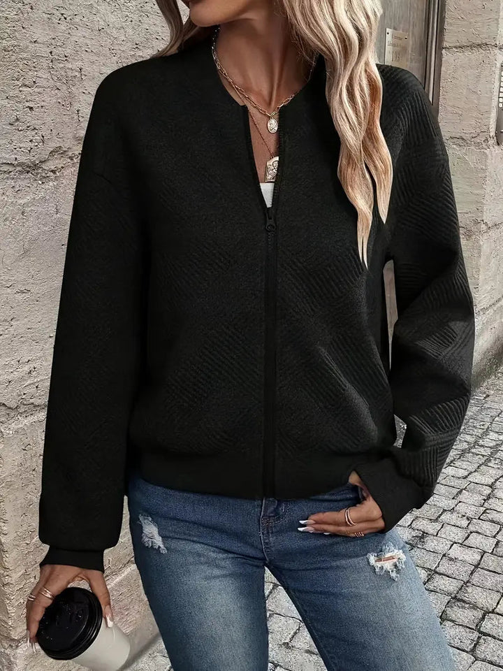 LAURA | Women’s Textured Zip-Front Cardigan With Ribbed Hem And Long Sleeves