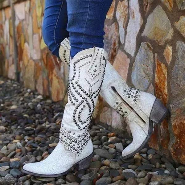Raven | Western-Inspired Studded Leather Boots with Bold Block Heel for Women