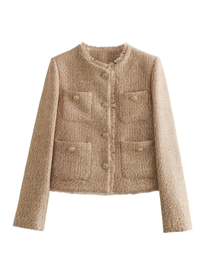 Elena | Cropped Textured Button-Front Jacket With Polished Tailoring For Women