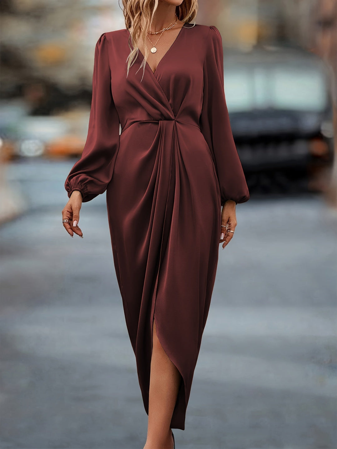 Elara | Elegant Long-Sleeve Wrap Midi Dress With Flowing Silhouette
