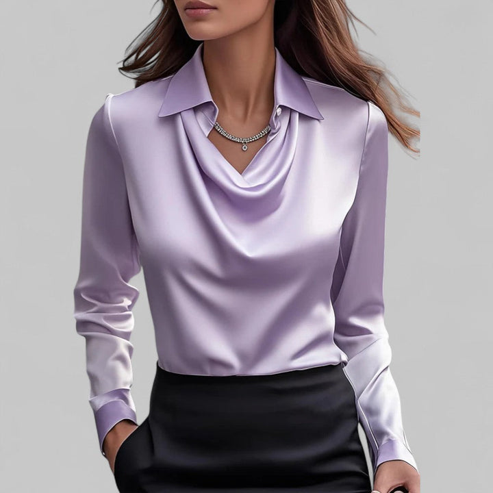 Lily | Elegant Satin Long-Sleeve Blouse With Soft Draped Neckline