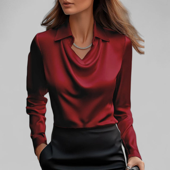 Lily | Elegant Satin Long-Sleeve Blouse With Soft Draped Neckline