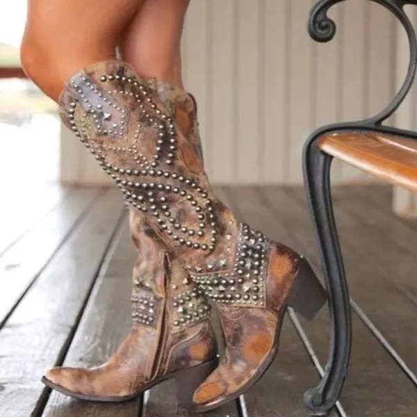 Raven | Western-Inspired Studded Leather Boots with Bold Block Heel for Women
