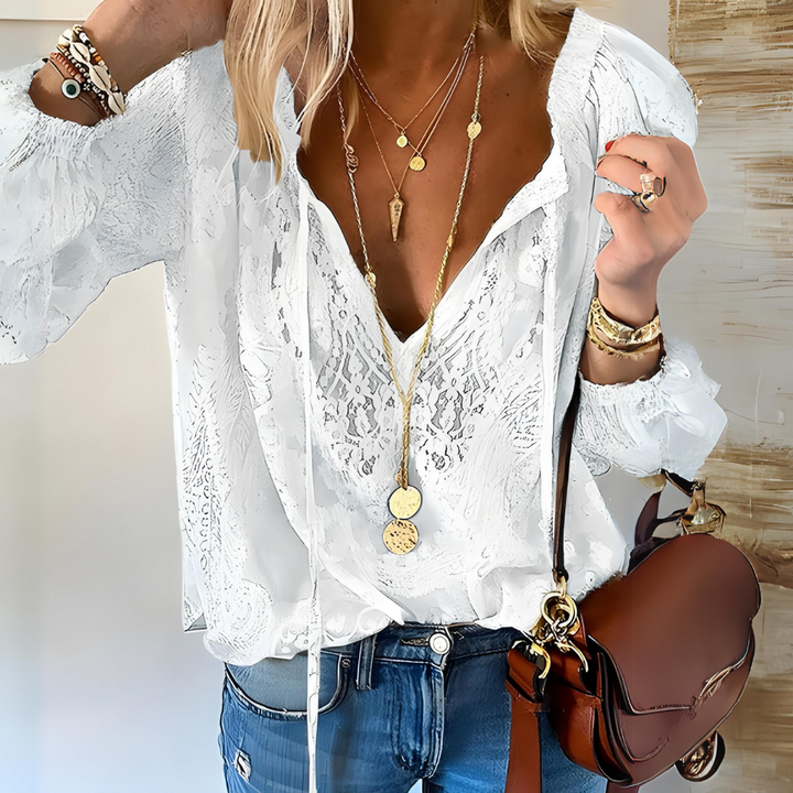 Rhea | Women’s Vintage Boho Blouse with Slit Neckline