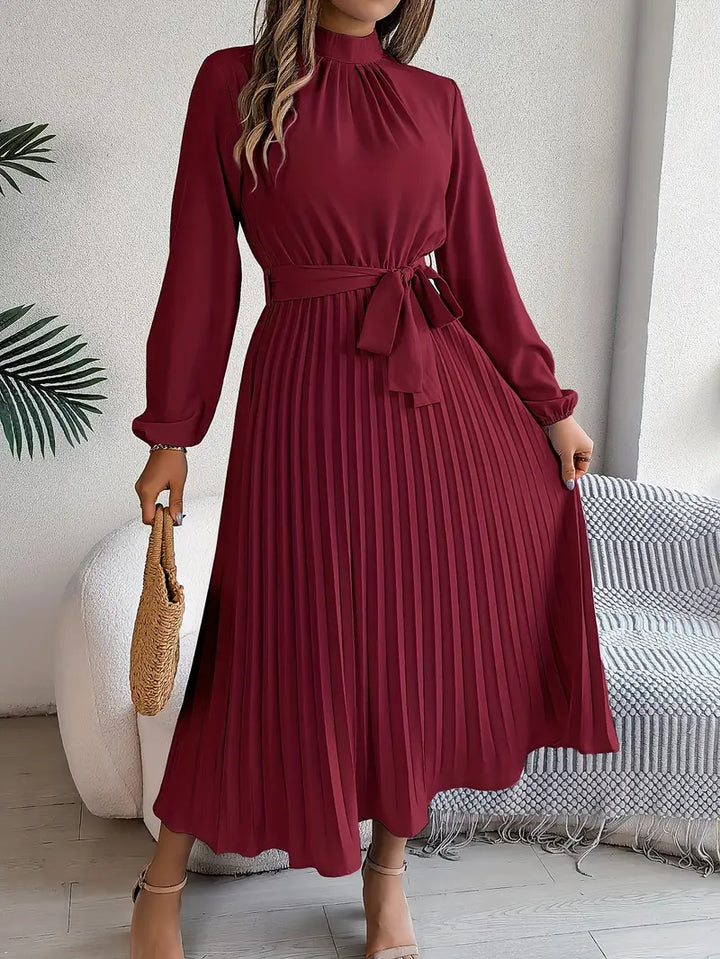 EMILY | Women’s Long-Sleeve Pleated Midi Dress With Defined Waist Belt
