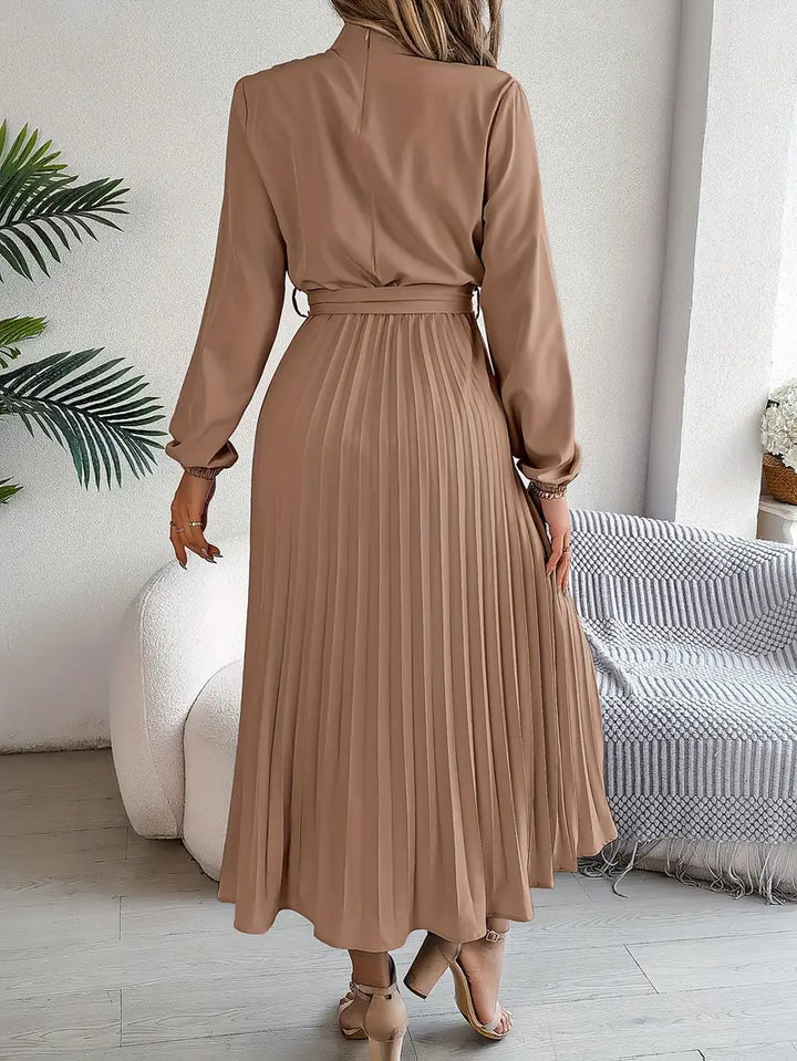EMILY | Women’s Long-Sleeve Pleated Midi Dress With Defined Waist Belt