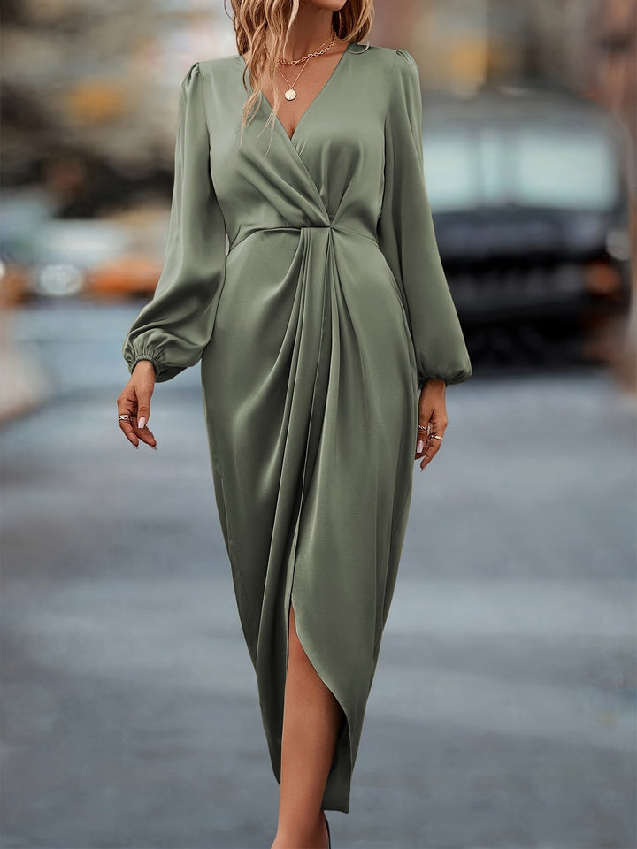 Elara | Elegant Long-Sleeve Wrap Midi Dress With Flowing Silhouette