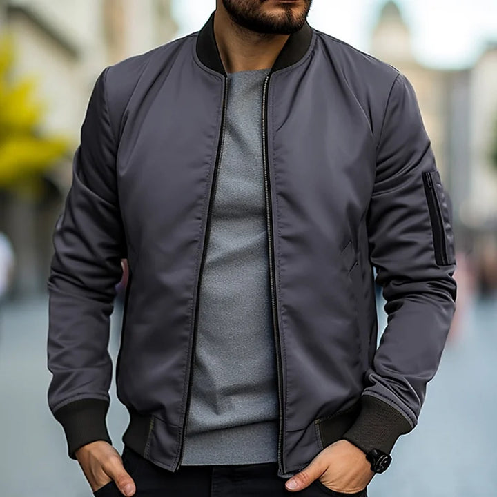 Liam | Ribbed-Trim Bomber Jacket With Zippered Sleeve Pocket For Men