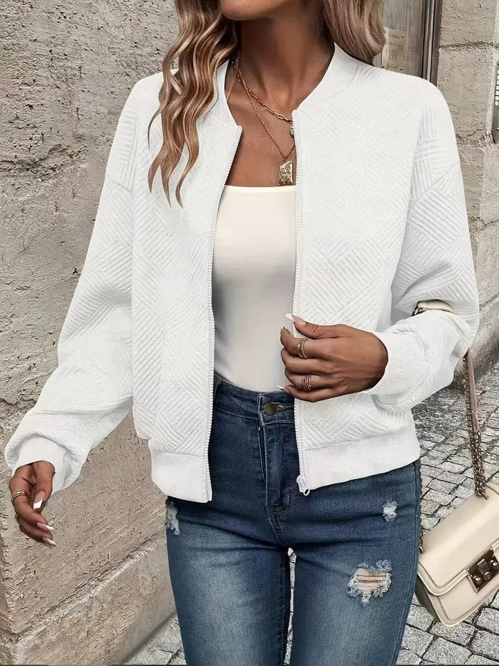 LAURA | Women’s Textured Zip-Front Cardigan With Ribbed Hem And Long Sleeves
