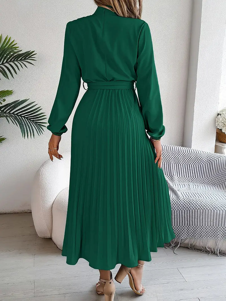 EMILY | Women’s Long-Sleeve Pleated Midi Dress With Defined Waist Belt