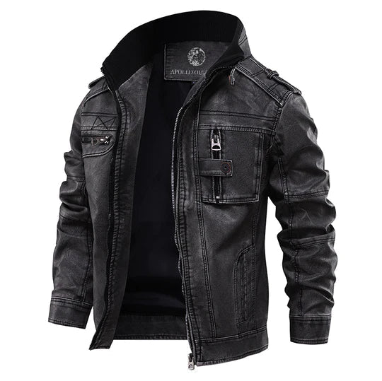 LEO | Men’s Sleek Leather Jacket With Stand-Up Collar And Zipped Chest Detail