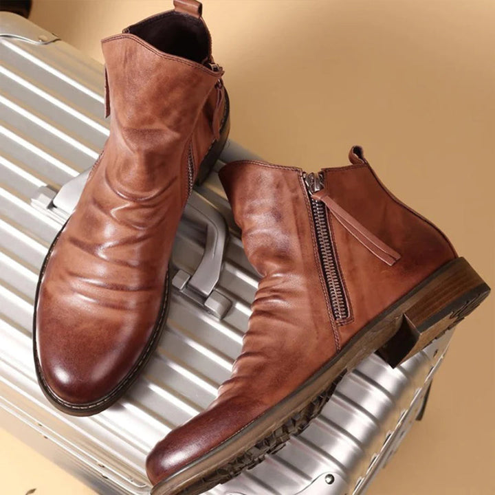 Liam | Casual Brown Leather Zip-Up Boots For Men