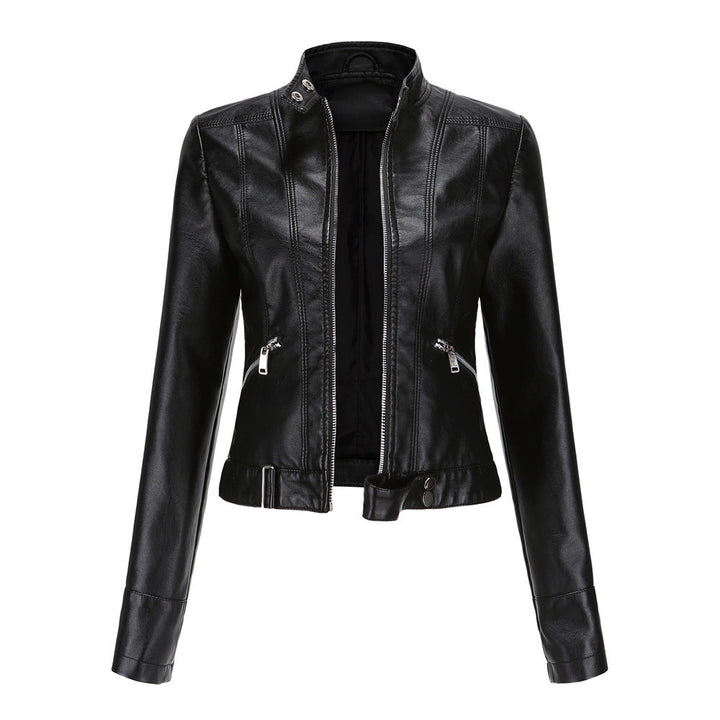 NATALIE | Women’s Structured Leather Jacket With High Collar, Zip Front And Adjustable Belt