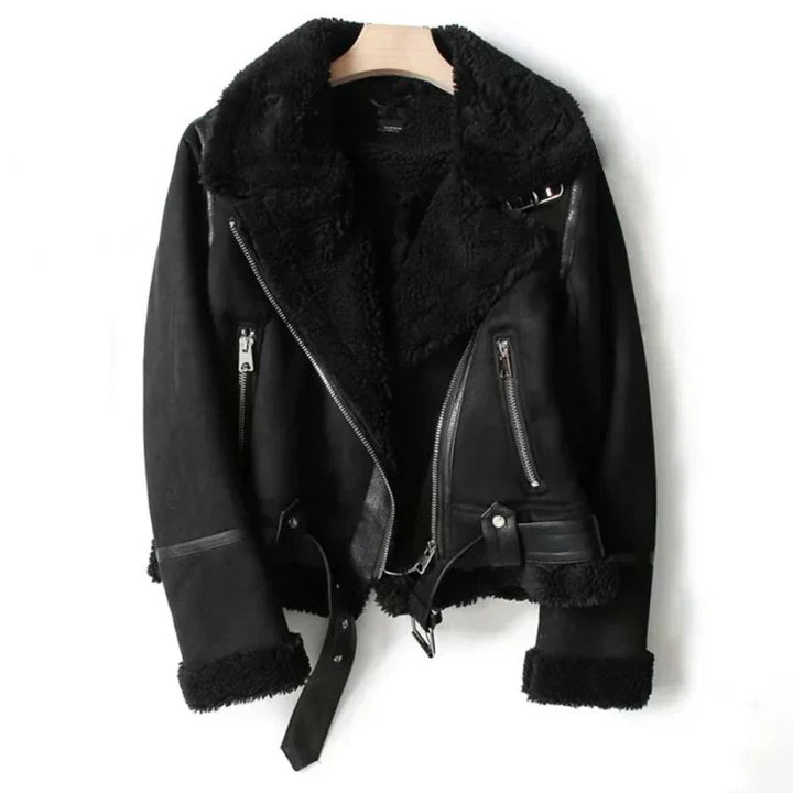 AVA | Women’s Classic Leather Jacket With Belted Hem And Zip Closure