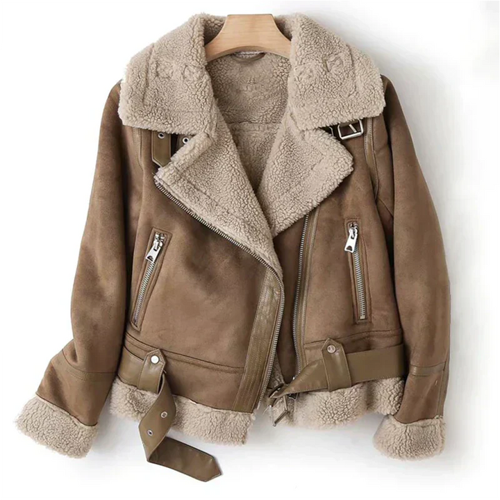 AVA | Women’s Classic Leather Jacket With Belted Hem And Zip Closure