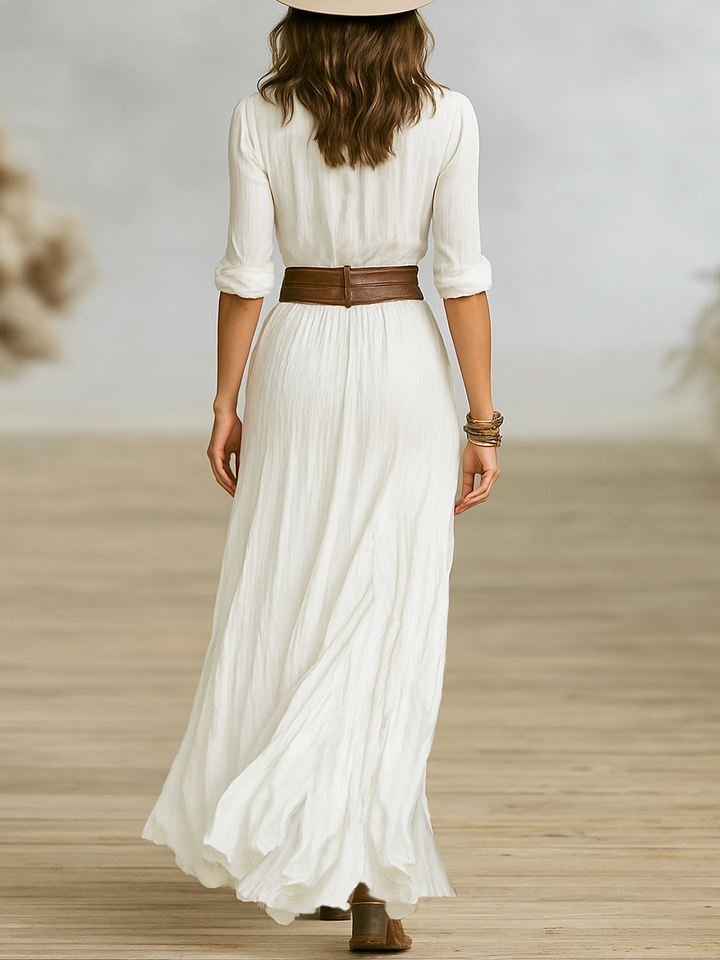 Alessandra | Elegant Belted Shawl-Collar Maxi Dress For Women