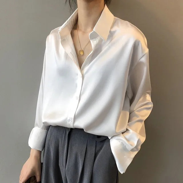 Victoria | Women’s Long Sleeve Button Front Satin Blouse