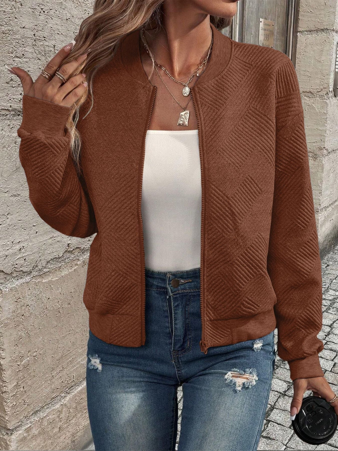 LAURA | Women’s Textured Zip-Front Cardigan With Ribbed Hem And Long Sleeves