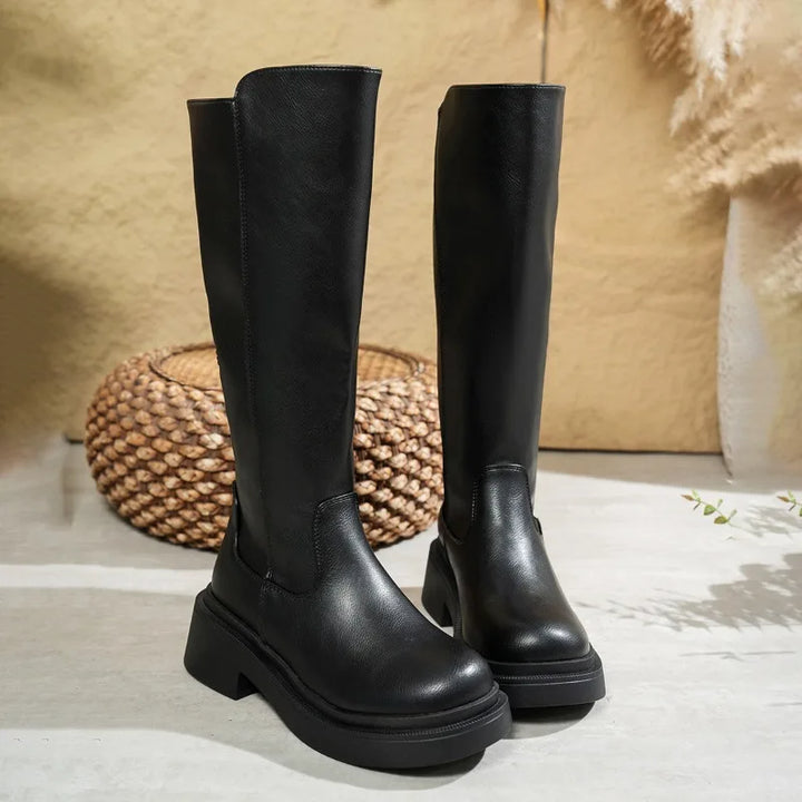 Elena | Elegant Knee-High Leather Boots With Sculpted Heel For Women
