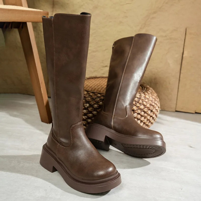 Elena | Elegant Knee-High Leather Boots With Sculpted Heel For Women