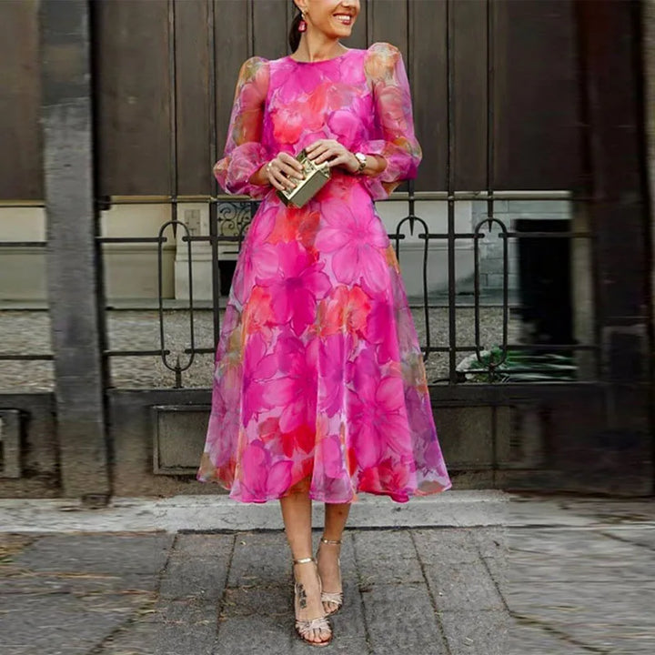 CLARA | Women’s Elegant Floral Midi Dress With Long Sheer Puff Sleeves