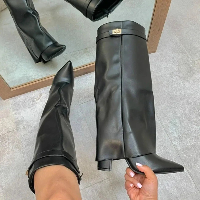 Arden | Statement Over-The-Knee Leather Boots With Sculpted Buckle Detail For Women
