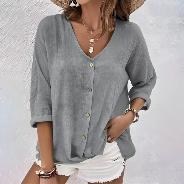 Lena | Relaxed V-Neck Button-Up Blouse For Women
