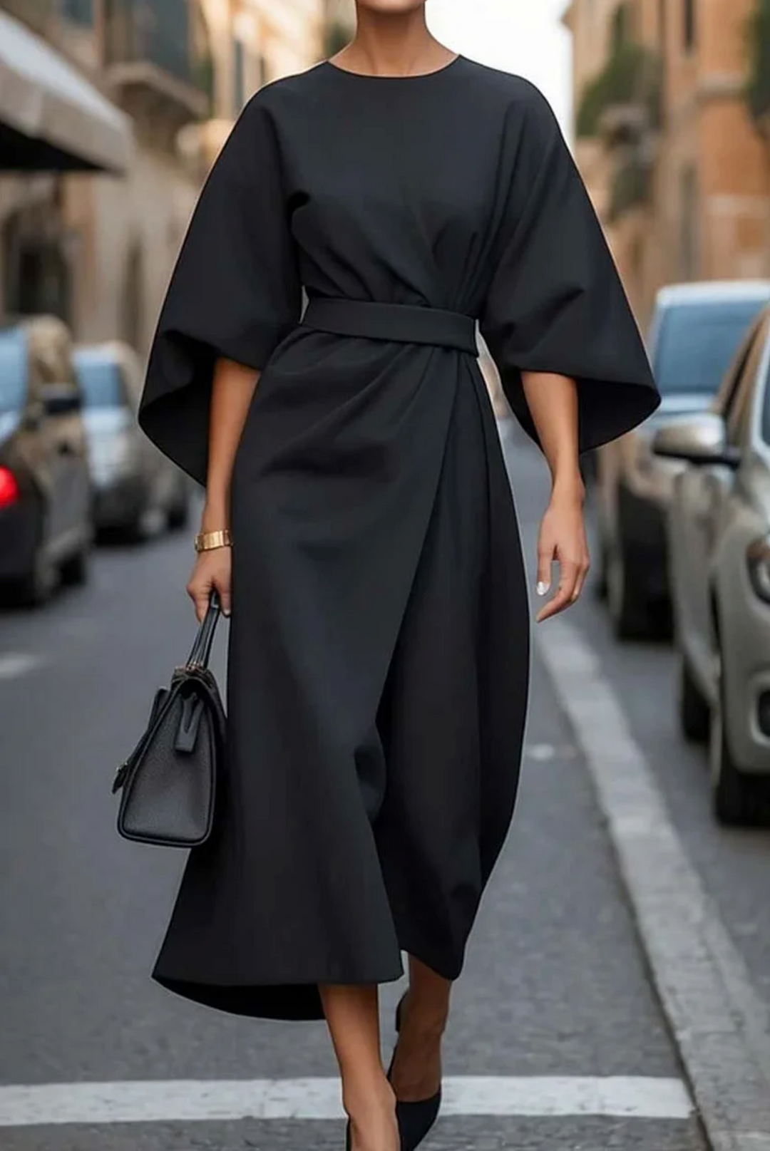 Elara | Refined Lantern Sleeve Dress With Waist-Defining Belt